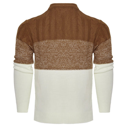 Men's color block cable knit acrylic sweater in black, blue, and brown