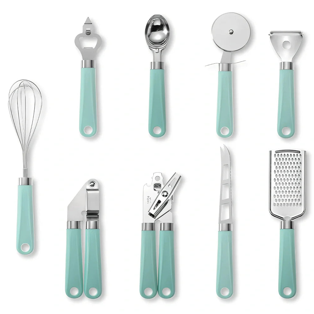 9-piece stainless steel kitchen utensils with black plastic handles arranged for food preparation