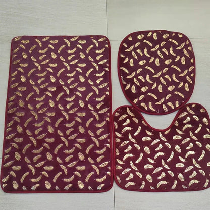 Three piece marbled foiled bathroom rug set with gold stamping feather pattern in four colour options