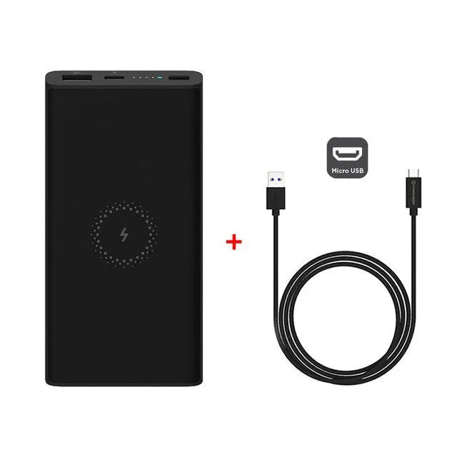 Black or white 10000mAh power bank with USB Type-C input and wireless charging surface