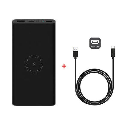 Black or white 10000mAh power bank with USB Type-C input and wireless charging surface