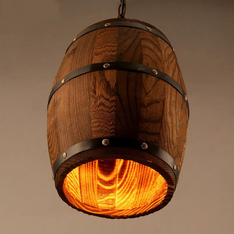 Wooden wine barrel chandelier with wood shade and light body, E27 LED fitting, adjustable 1.1m height, 33cm x 23cm x 33cm