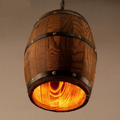 Wooden wine barrel chandelier with wood shade and light body, E27 LED fitting, adjustable 1.1m height, 33cm x 23cm x 33cm