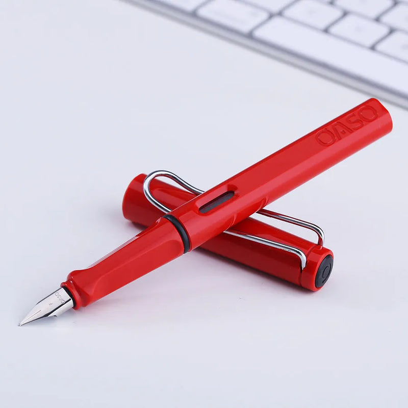 Ink sac pen with 0.5mm steel nib, plastic shell body, and ink bag supply system. Available in black, blue, green, red, or yellow with F tip (thick) or EF tip (fine) options.
