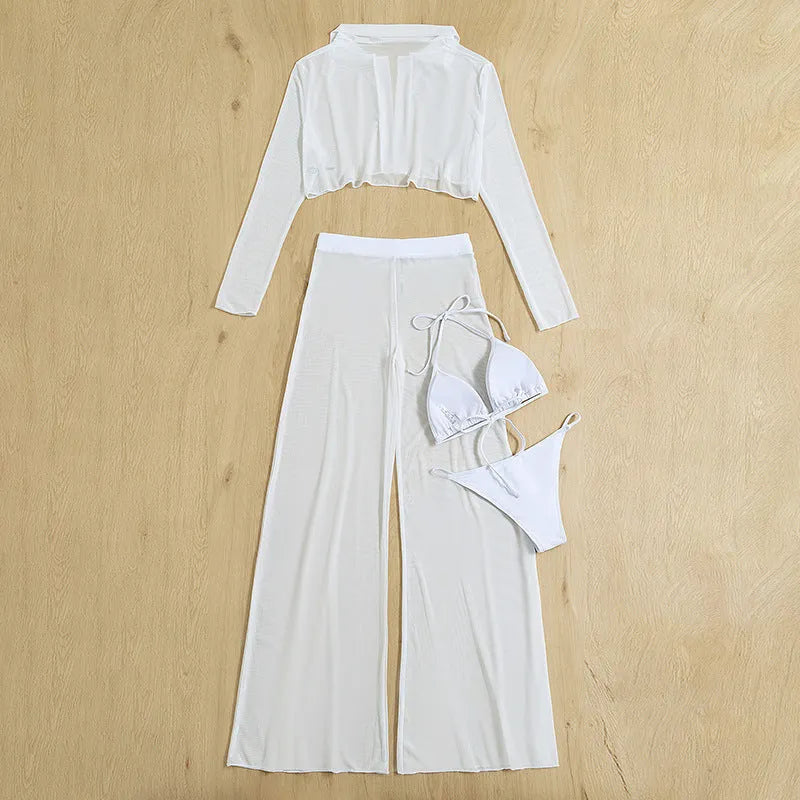 White women's high-waist backless swimsuit four-piece set on a hanger.