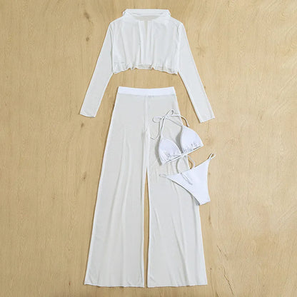 White women's high-waist backless swimsuit four-piece set on a hanger.