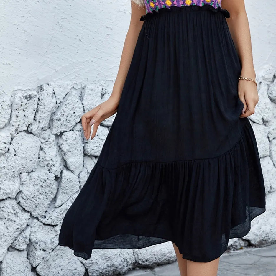 Purple sleeveless dress with hand-hooked flower stitching pattern, cotton blend fabric with polyester lining