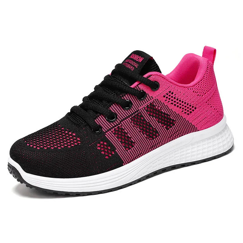 Women's Fly-knit running sneakers in black, rose red, or gray pink with soft bottom and flat heel.