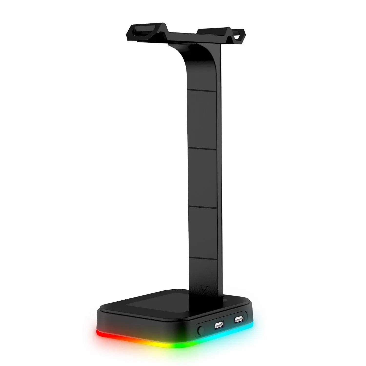 RGB headphone bracket with dual USB ports and colour changing LED lighting on acrylic stand