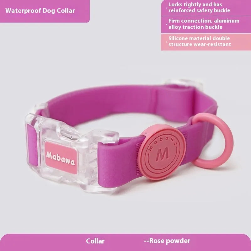Nylon dog collar and hand holding rope in smoky gray, new green, lemon yellow, and rose pink colour options.