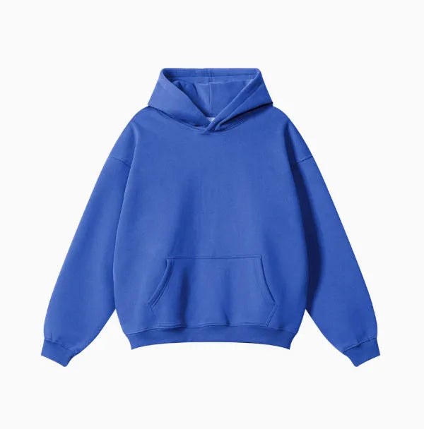 Men's grey terry hooded sweater with drop-shoulder sleeves and front pocket, showing textured cotton fabric