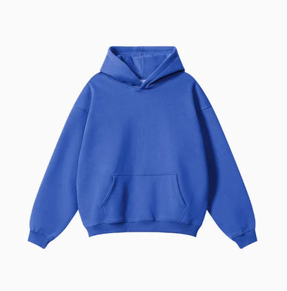 Men's grey terry hooded sweater with drop-shoulder sleeves and front pocket, showing textured cotton fabric
