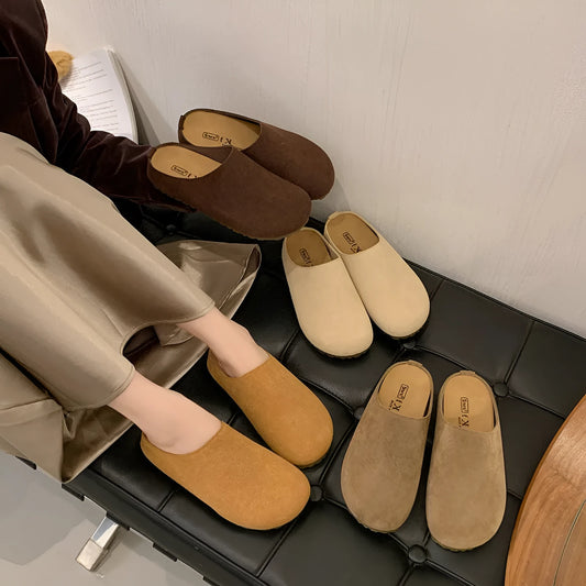 Korean style square-toe summer slippers in soft microfiber, slip-on design with PU sole