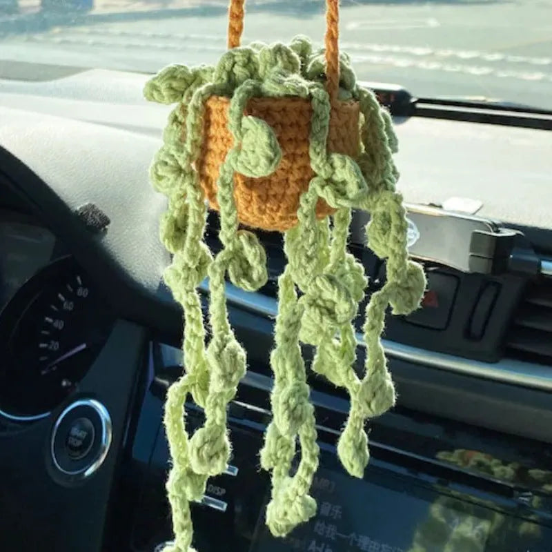 Green and white knitting wool car plant decoration with 8cm base and 25cm hanging rope