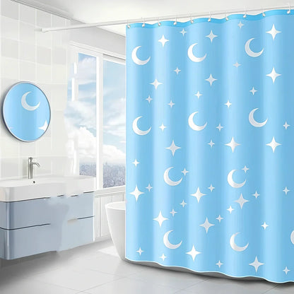 Waterproof polyester shower curtain with printed design, available in multiple sizes for bathroom protection