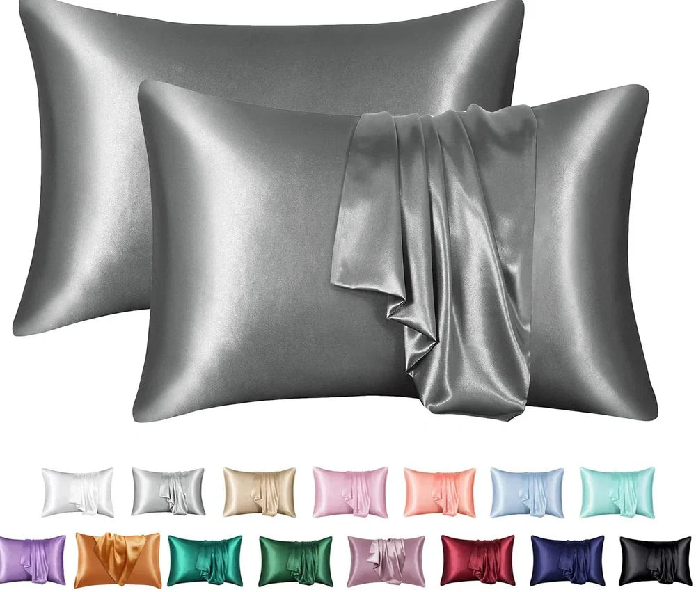 Silk-effect satin envelope pillowcase in navy blue showing envelope closure and smooth fabric texture