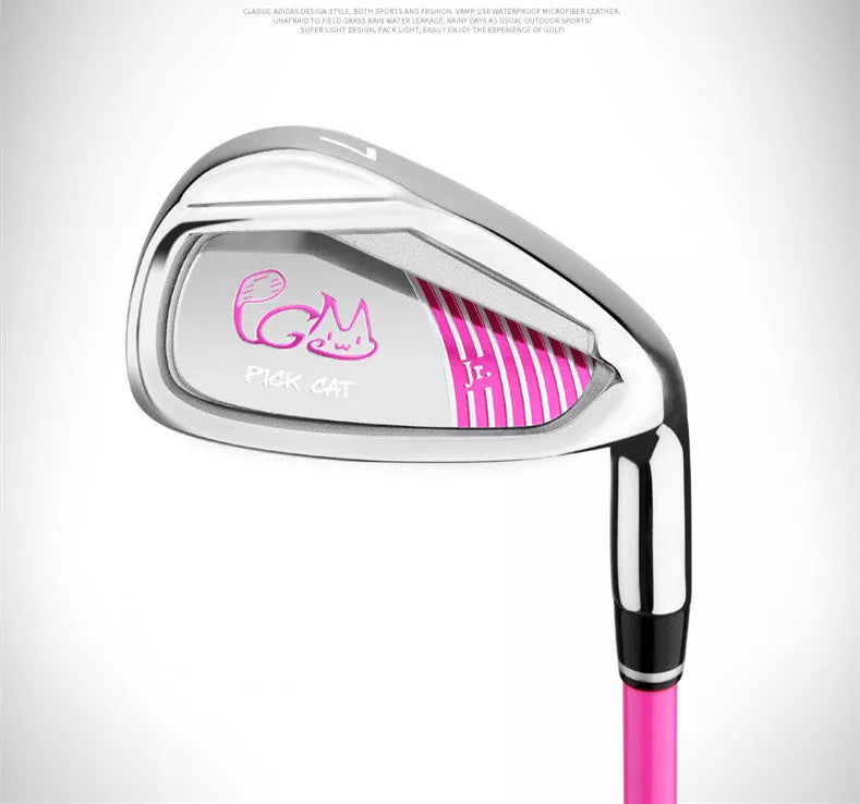 Beginner golf clubs for kids with stainless steel heads in black red, pink, and yellow