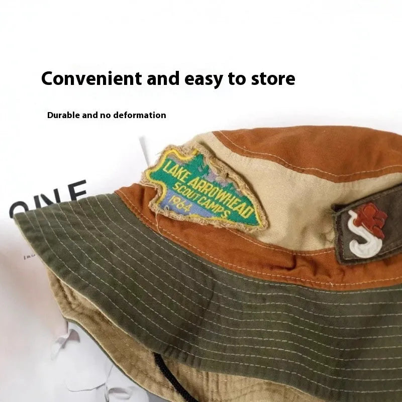 Women's casual retro patch foldable fisherman hat made from cotton fabric with flat top crown in army green colour, providing sun protection and windproof functionality for summer wear with hand-painted punk street personality style