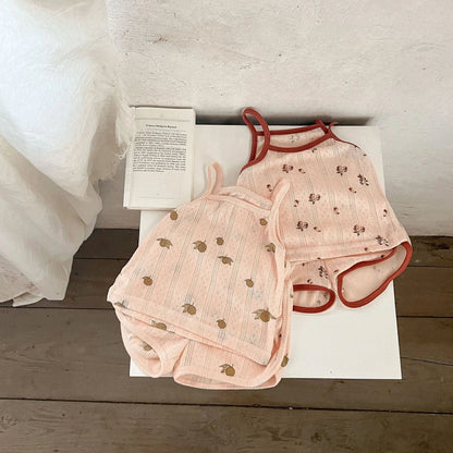 Children's cotton corduroy pajama set with cartoon print in olive, floral, lemon, or peach colours