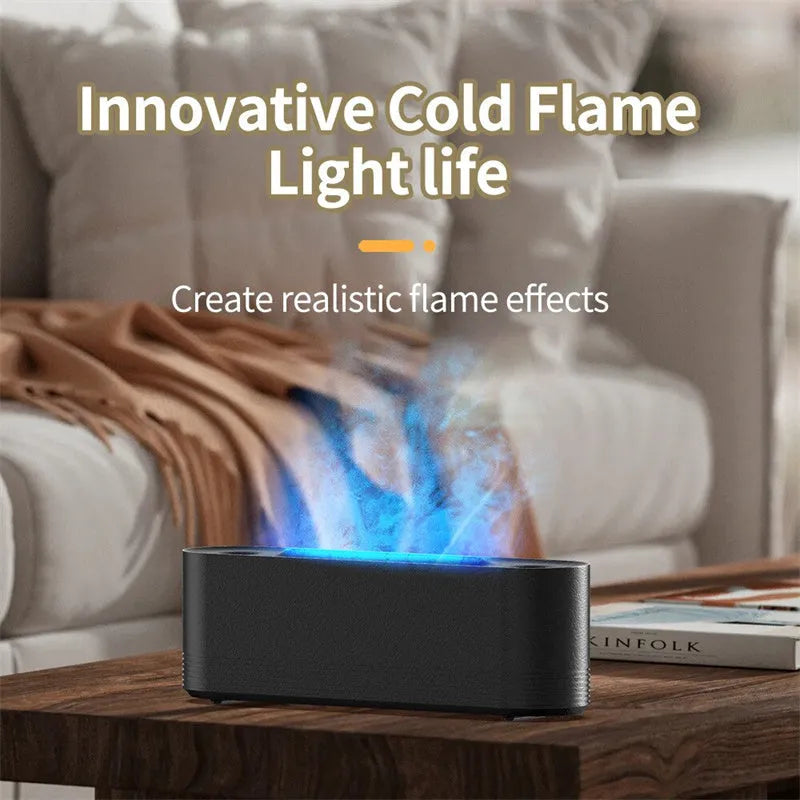Black Flame Air ultrasonic humidifier with LED lights and mist output on wooden surface