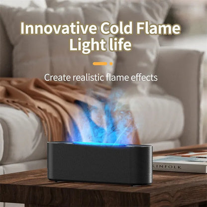 Black Flame Air ultrasonic humidifier with LED lights and mist output on wooden surface