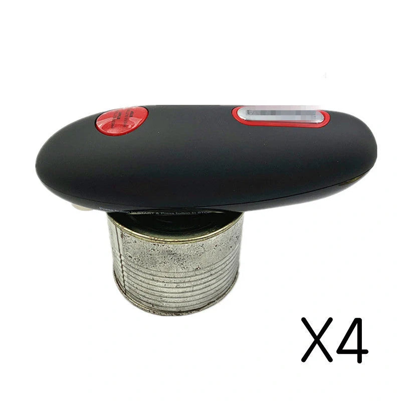 Cordless electric can opener with automatic stop and safety grooves