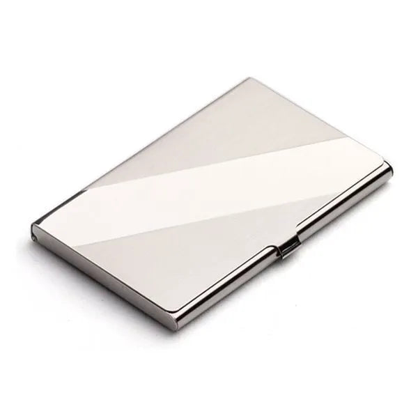 304 stainless steel business card case with geometric laser etching and brushed mirror finish.