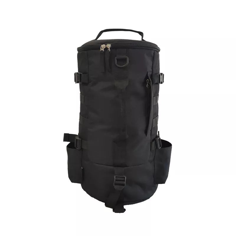 Black cylindrical fishing backpack with 36-55L capacity, lightweight and durable for outdoor use