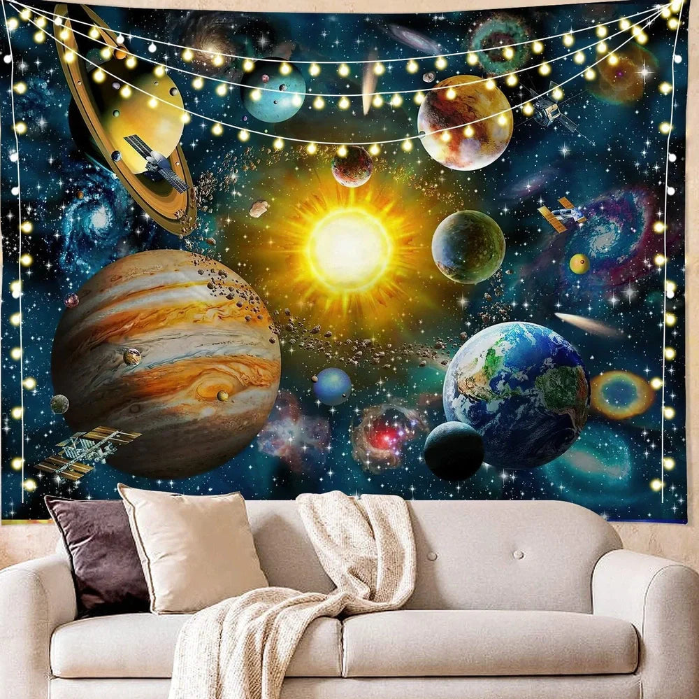Digital printing colourful starry art wall tapestry with detailed star patterns on polyester fibre material