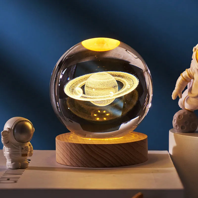 Crystal ball night light projecting 3D starry sky and planets with solid wood base