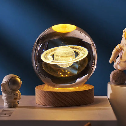 Crystal ball night light projecting 3D starry sky and planets with solid wood base