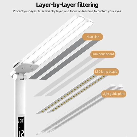 White LED desk lamp with calendar display, touch controls, and integrated pen holder on wooden desk