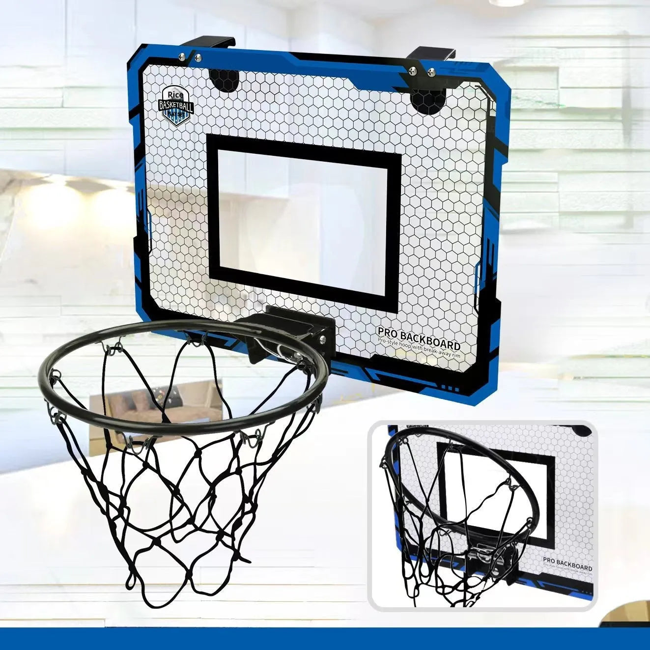 Red folding basketball frame with suction cups mounted on door, showing 400x300mm panel and 16cm ball