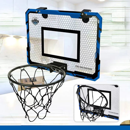 Red folding basketball frame with suction cups mounted on door, showing 400x300mm panel and 16cm ball