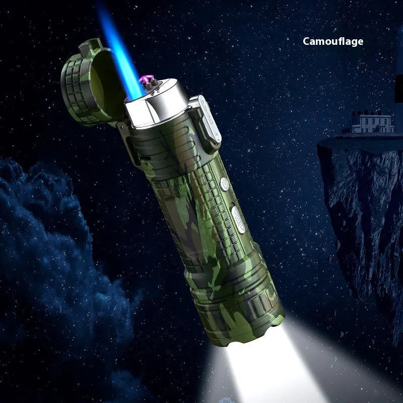 TH727 metal waterproof flashlight lighter in camouflage colour showing plasma arc and torch beam
