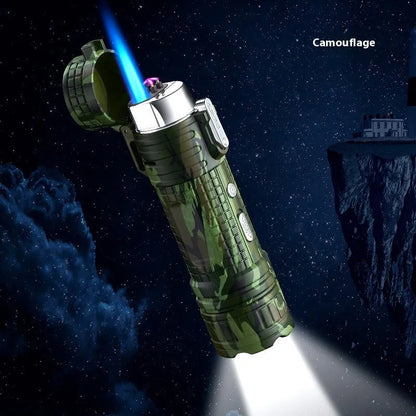 TH727 metal waterproof flashlight lighter in camouflage colour showing plasma arc and torch beam