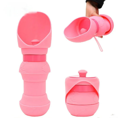 Silicone folding pet cup shown expanded as drinking bowl and collapsed to 4cm height