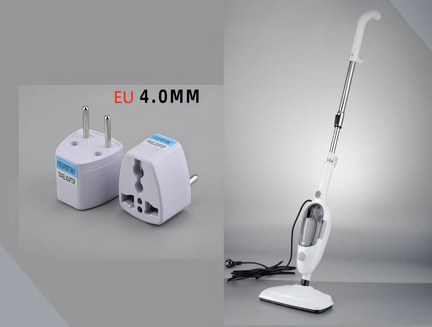 White steam mop with rectangular 22x29cm cleaning head and 120cm handle