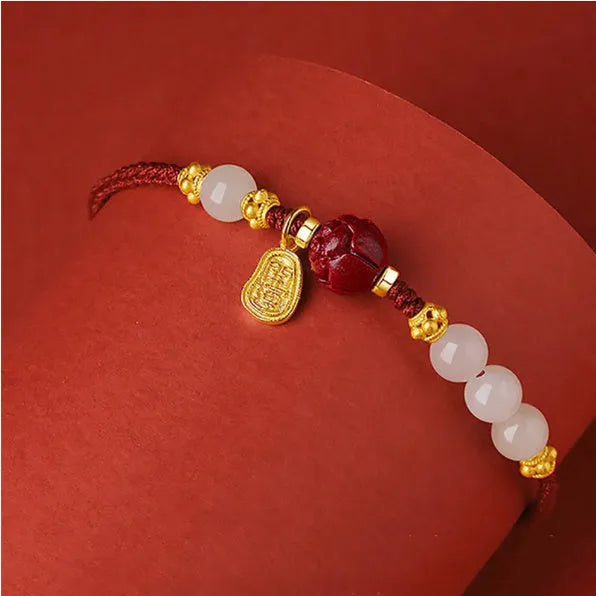 Women's adjustable bracelet with Hetian jade, cinnabar red rope and 925 silver chain