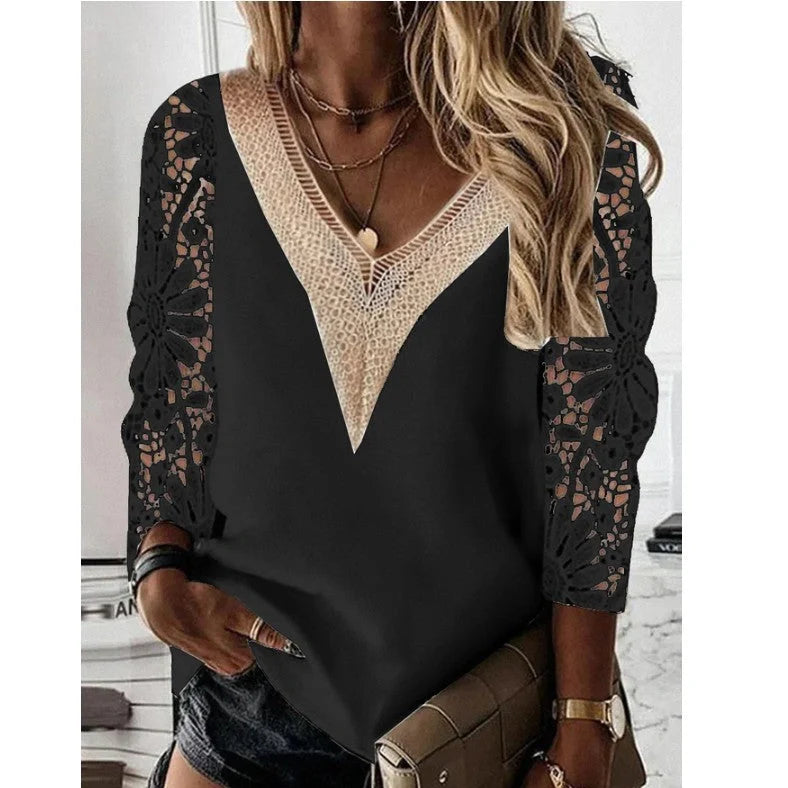 Black lace commuter shirt with nine-quarter sleeves and V-neck stitching on hanger