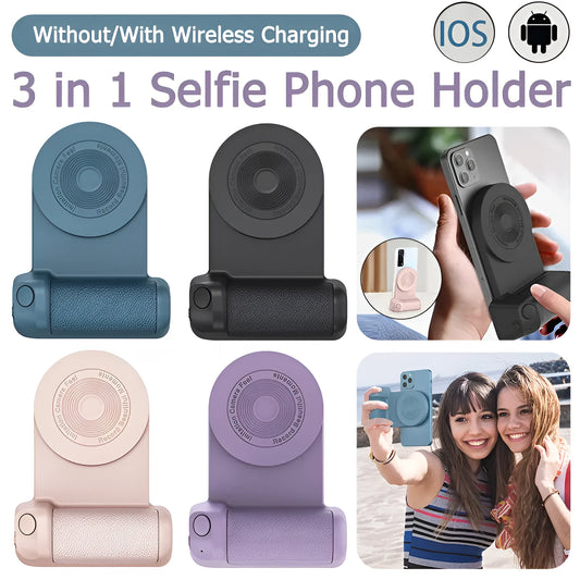 Black magnetic phone camera grip holder with rotatable stand on a table next to a smartphone.