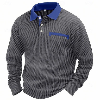 Men's long-sleeved waffle texture polo shirt with asymmetric design in loose fit