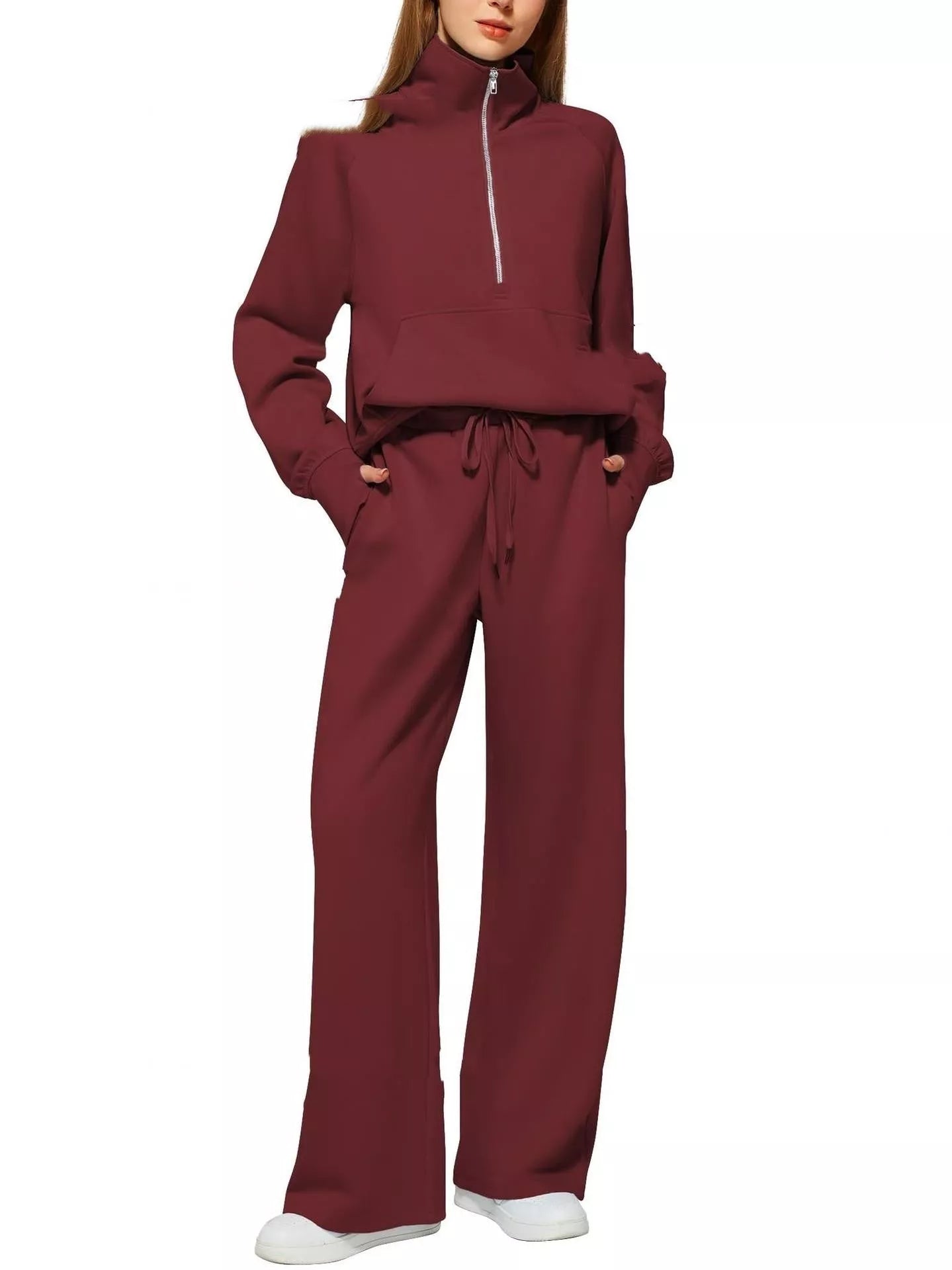 Women's solid color long-sleeved sweater trousers suit in polyester, available in multiple colors