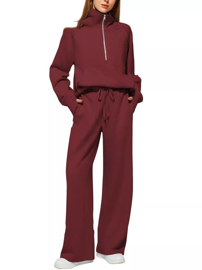 Women's solid color long-sleeved sweater trousers suit in polyester, available in multiple colors