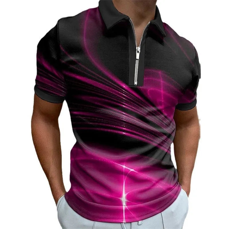 Loose fit short sleeve zipper polo shirt for men made from polyester bird eye cloth available in blue, pink, red or yellow in sizes from XXS to 5XL with Asian sizing guidance for accurate fit selection.
