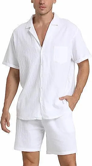Men's light grey flax linen short-sleeved top and shorts summer sports suit