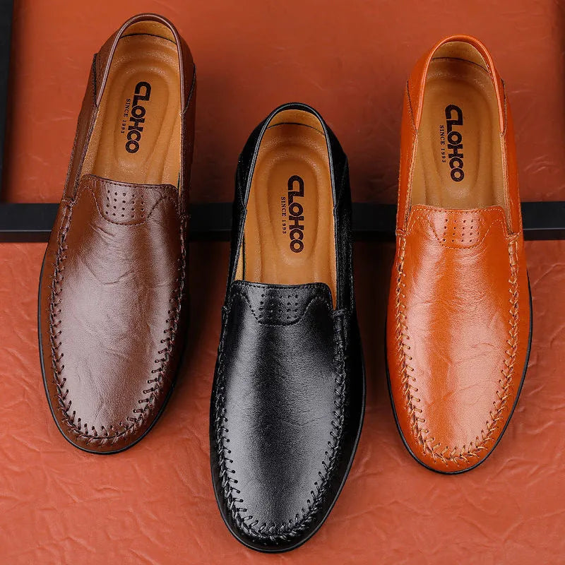 Men's casual leather shoes with cowhide uppers in flat-heel business style, available in black, dark brown, and reddish brown colours, with round toe design and choice of smooth, cotton-lined, or perforated styles for versatile wear