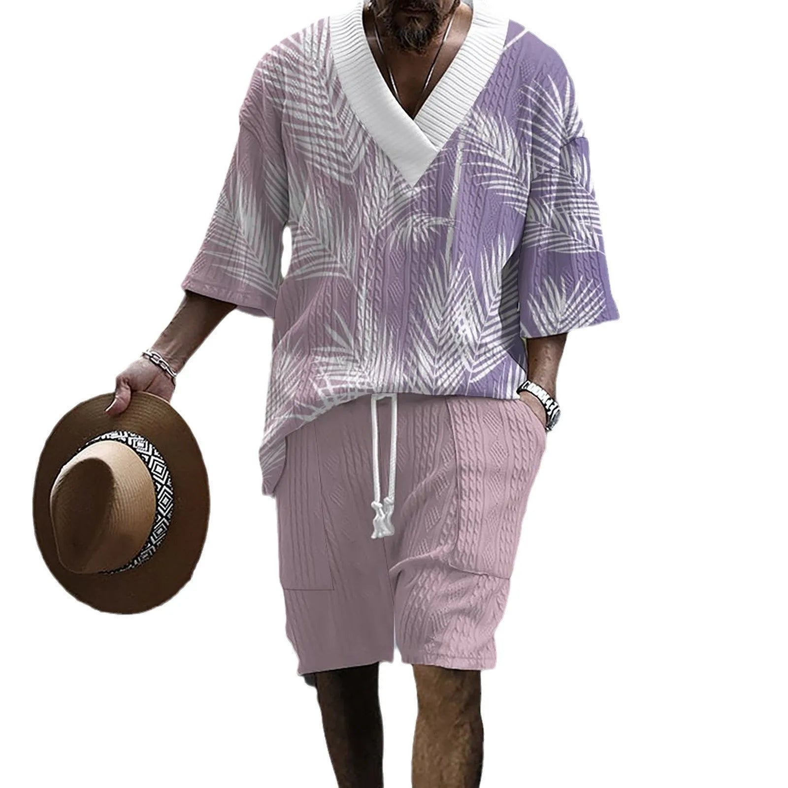 Printed drop-shoulder men's knitted shorts suit in polyester blend, short sleeves and shorts, colour options TH01-362 to TH01-366