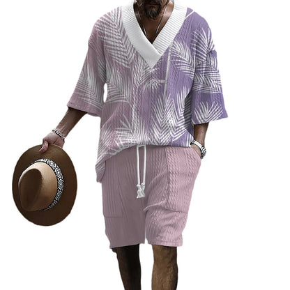 Printed drop-shoulder men's knitted shorts suit in polyester blend, short sleeves and shorts, colour options TH01-362 to TH01-366