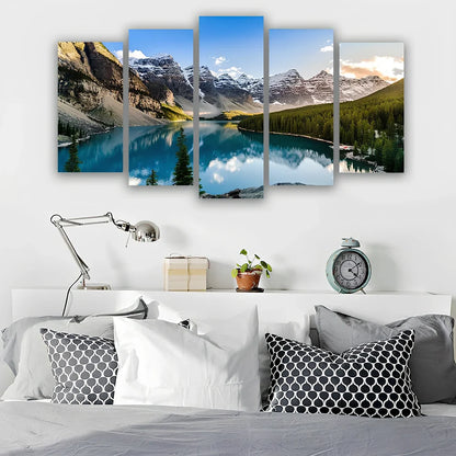 Five 40x60cm Moraine Lake mountain canvas panels arranged in modular wall display